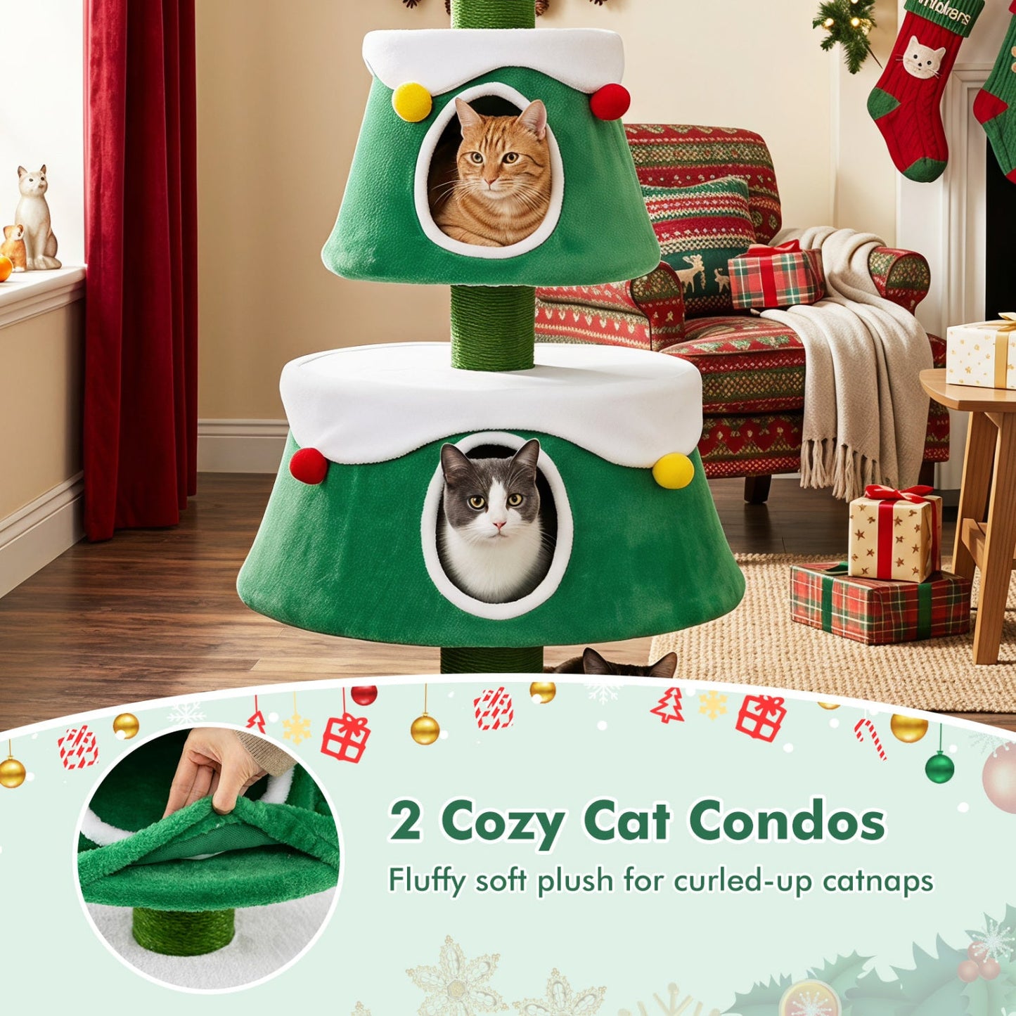 61.5" Christmas Tree Cat Tower with 2 Condos & Scratching Posts