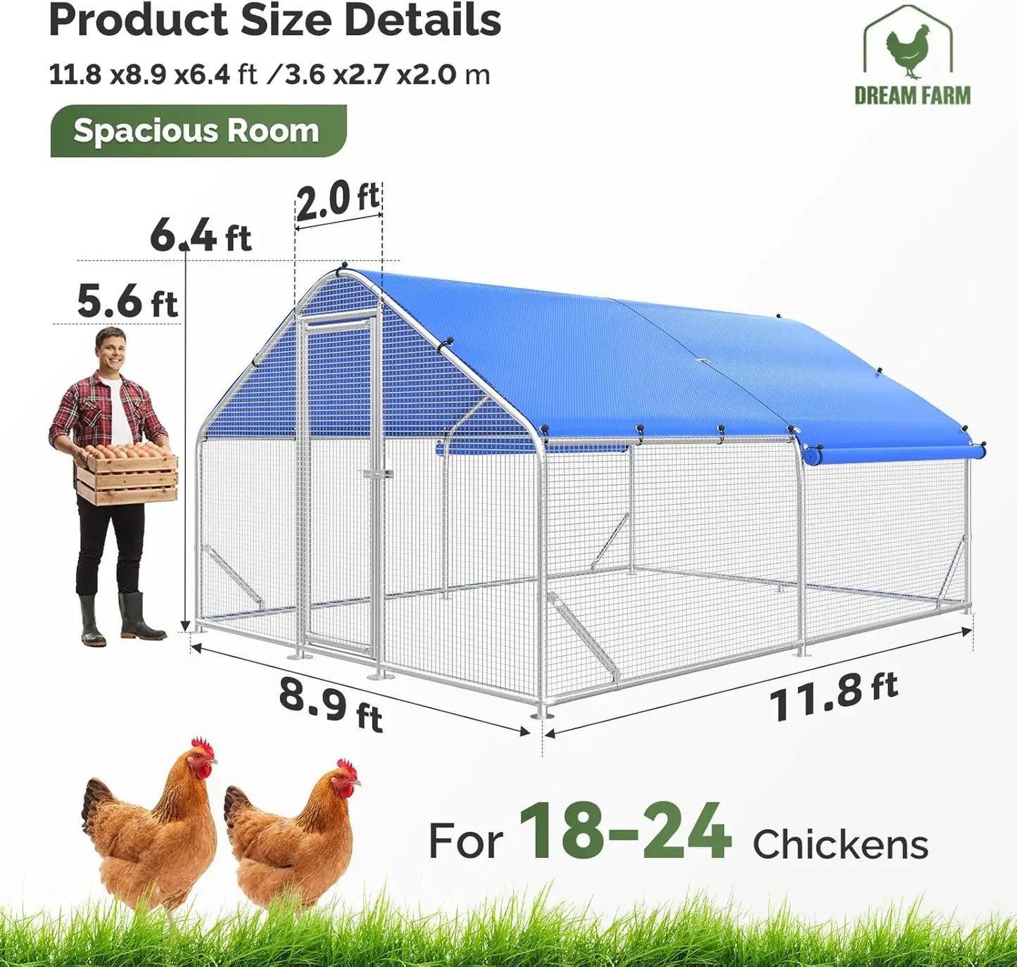 Large Metal Chicken Coop with Galvanized Hardware Cloth