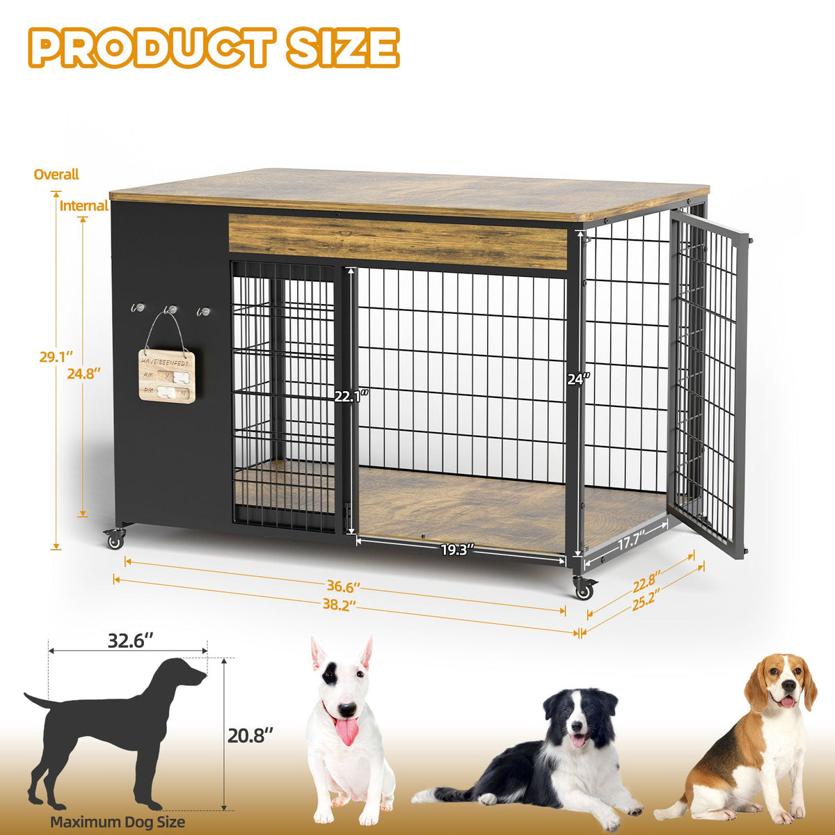 38in Dog Crate Furniture - Dog Crate With DIY Frame, Sliding Door Indoor Kennel, Wooden Dog Cage End Table, For Medium-Large Breed, Size L
