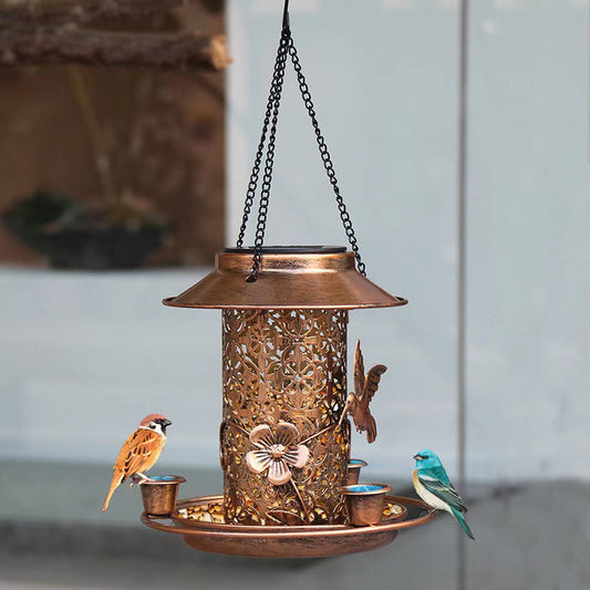 Outdoor solar powered lamp metal hanging bird feeder feeding and watering dual-purpose bird feeder decorative lamp