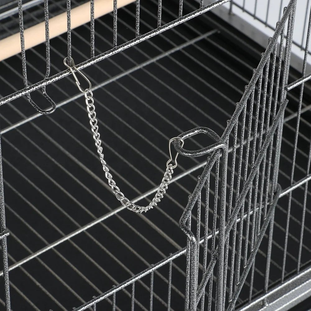 52''H Metal Rolling Bird Cage with 3 Perches & 4 Feeders & Extra Storage Shelf, Black