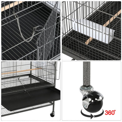 52''H Metal Rolling Bird Cage with 3 Perches & 4 Feeders & Extra Storage Shelf, Black