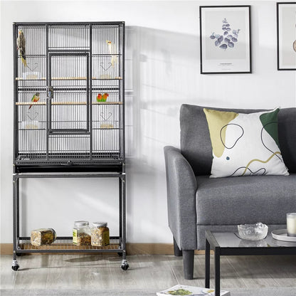 53.7'' H Rolling Bird Cage W/ Stand for Conures Parakeets Cockatiels,Black