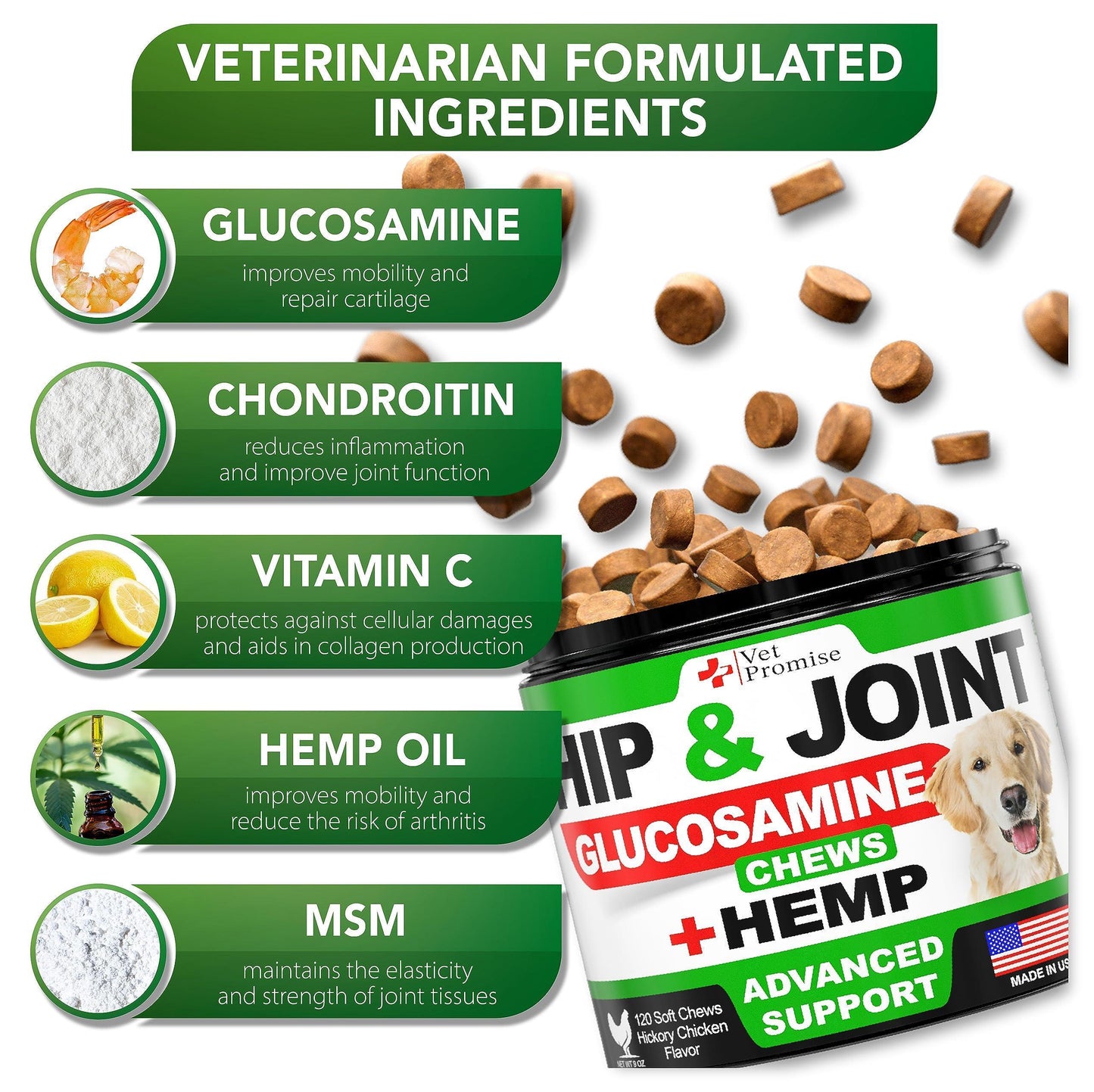 Hemp Hip & Joint Supplement for Dogs Glucosamine 120 Chews