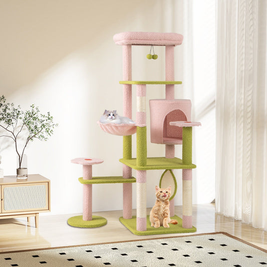 58 Inch Tall Multi-Level Cat Tree Aesthetic Floral Kitten Tower-Pink
