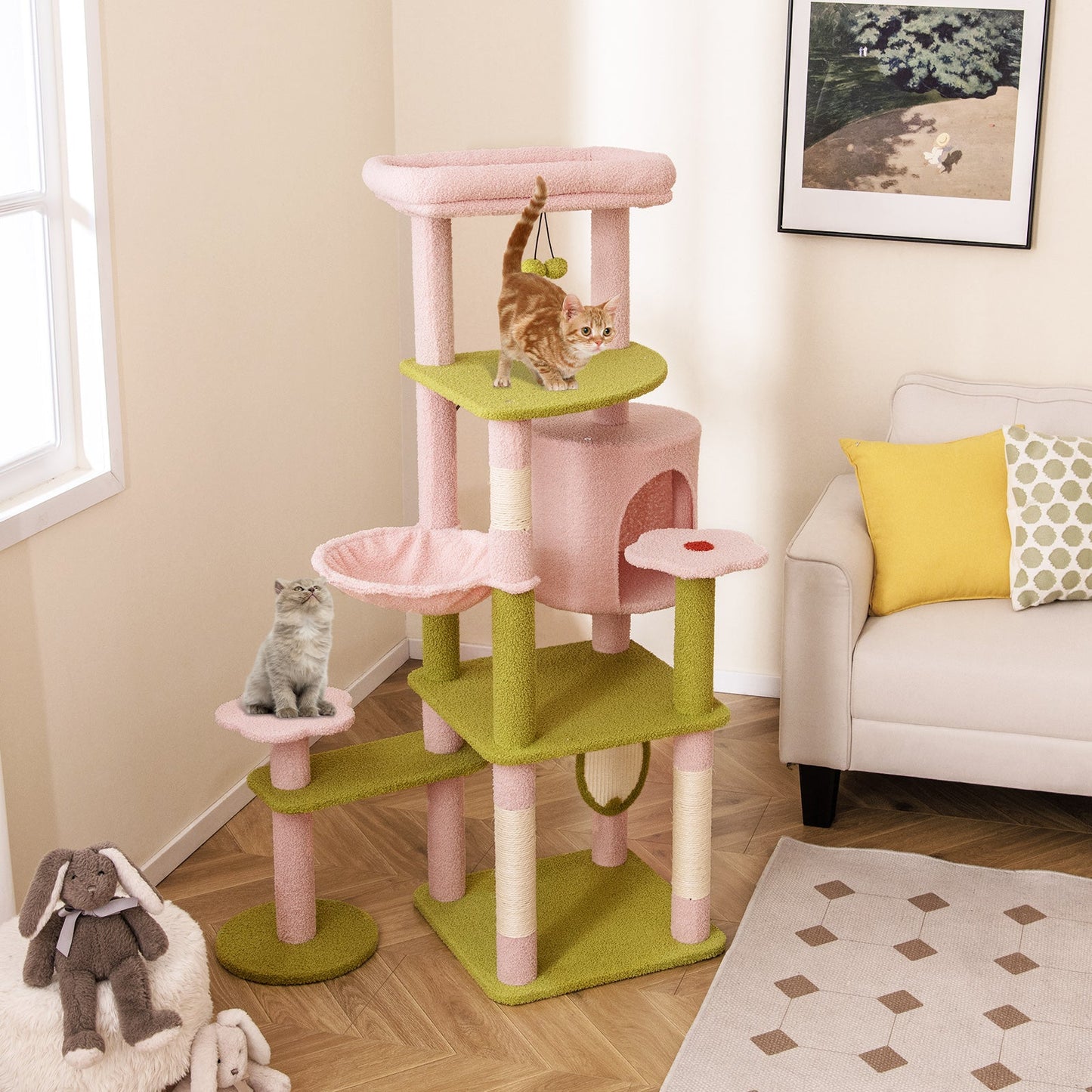 58 Inch Tall Multi-Level Cat Tree Aesthetic Floral Kitten Tower-Pink
