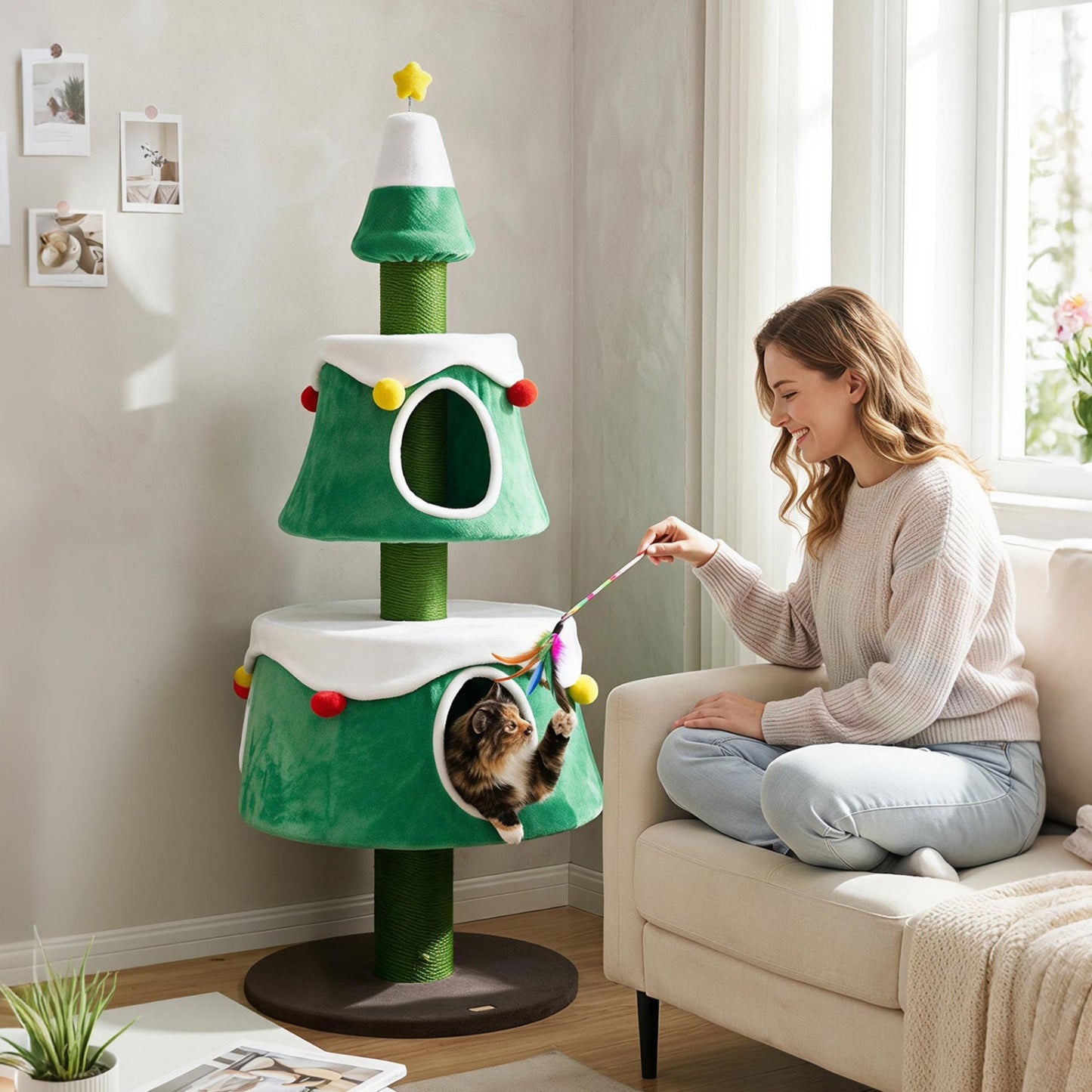 61.5" Christmas Tree Cat Tower with 2 Condos & Scratching Posts