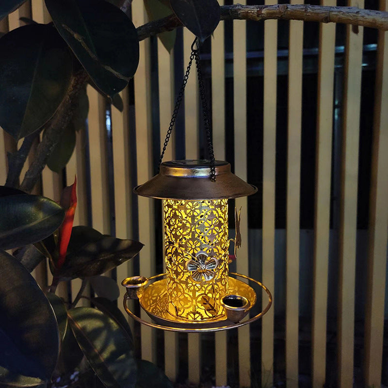 Outdoor solar powered lamp metal hanging bird feeder feeding and watering dual-purpose bird feeder decorative lamp