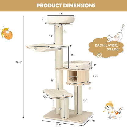 4-Layer 68.5-Inch Wooden Cat Tree Condo Activity Tower with Sisal Posts-Natural
