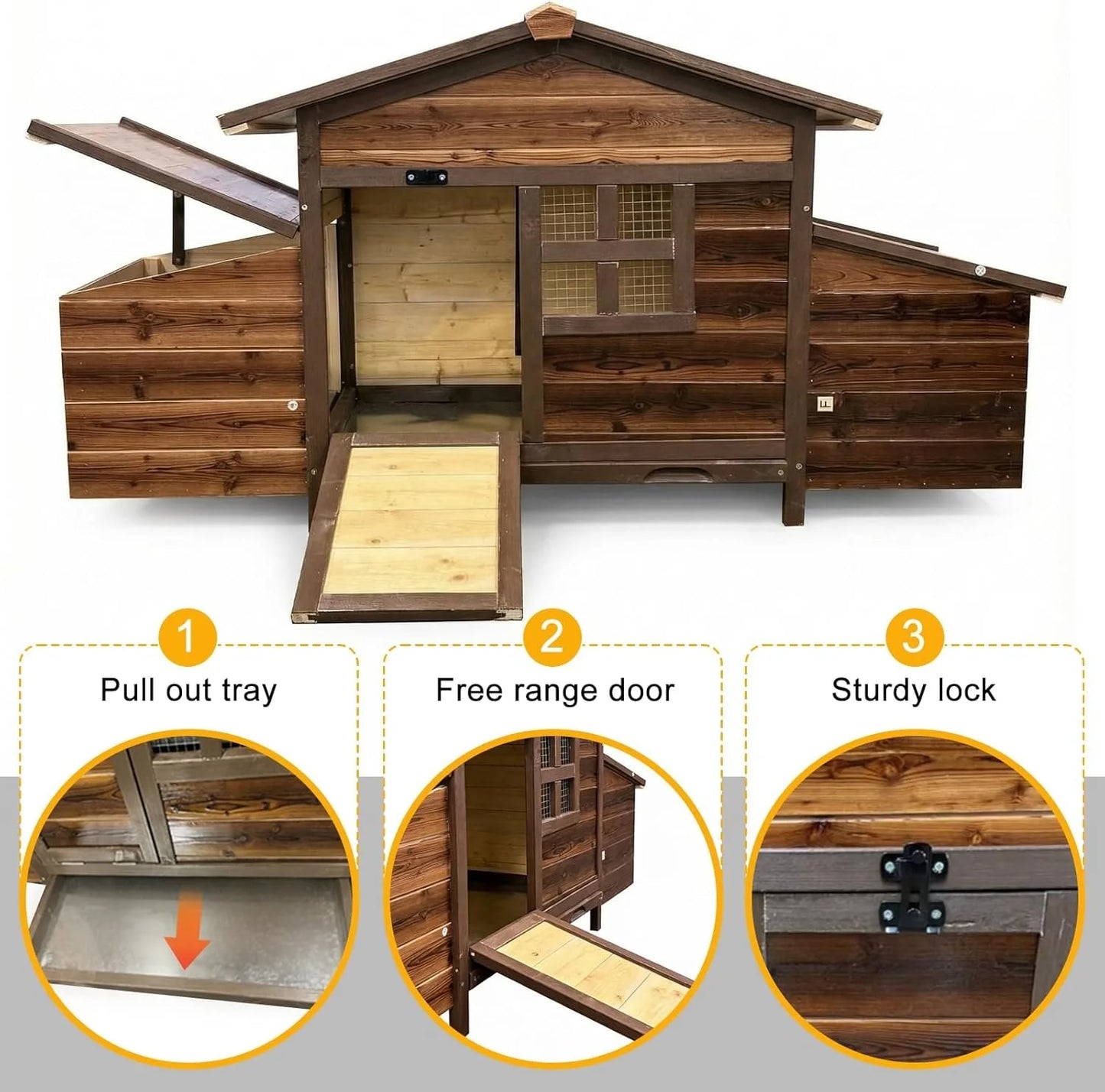 Large Outdoor Wooden Chicken Coop with 2 Nesting Boxes
