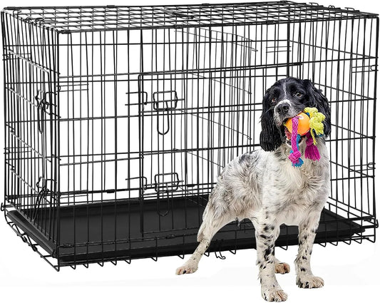 42 Inch Dog Crate, Double Door Folding Metal Wire Dog Cage with Divider and Tray, Pet Kennel Cage for Large Medium Small Dogs, L