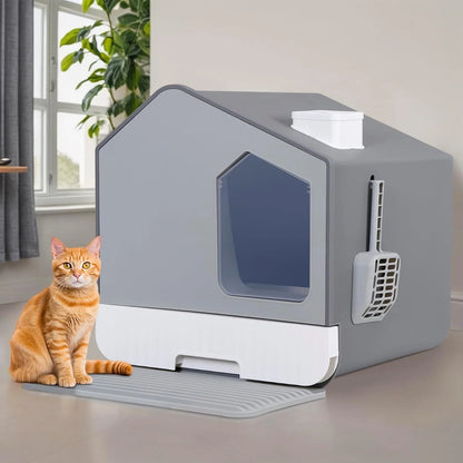 Extra Large Enclosed Cat Litter Box w/ Mat/ Litter Scoop,