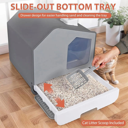 Extra Large Enclosed Cat Litter Box w/ Mat/ Litter Scoop,