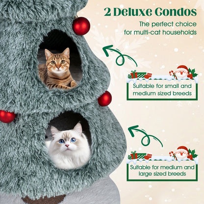 Christmas Cat Tree for Indoor Cats 48.5 inch Cute Cat Tower with 2 Large Condos Scratching Post-Green