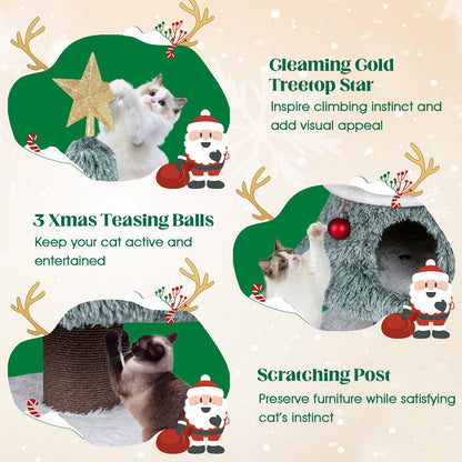 Christmas Cat Tree for Indoor Cats 48.5 inch Cute Cat Tower with 2 Large Condos Scratching Post-Green