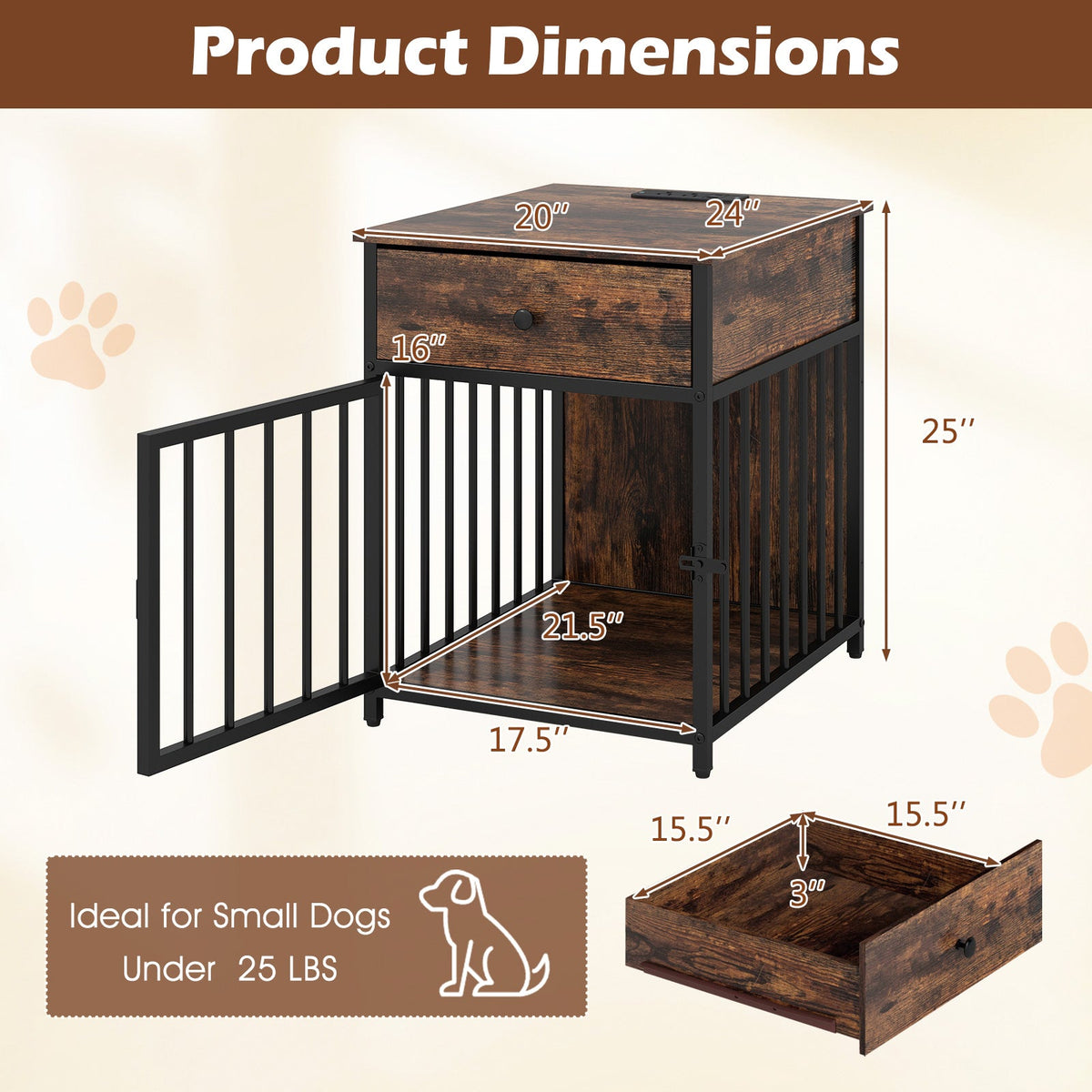 Dog Crate Furniture for Small Dogs Wooden Puppy Kennel with Charging Station-Rustic Brown