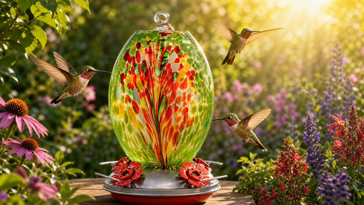 Meadow Confetti Olive Hand Blown Glass Hummingbird Feeder OL04G