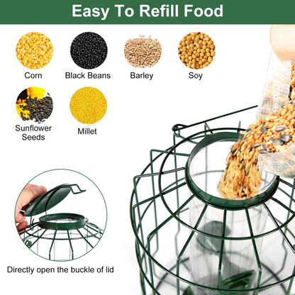 Outdoor Wild Bird Feeder Squirrel-Proof Chew-Proof Metal Hanging Seed Feeder with 4 Feeding Ports for Small Songbirds