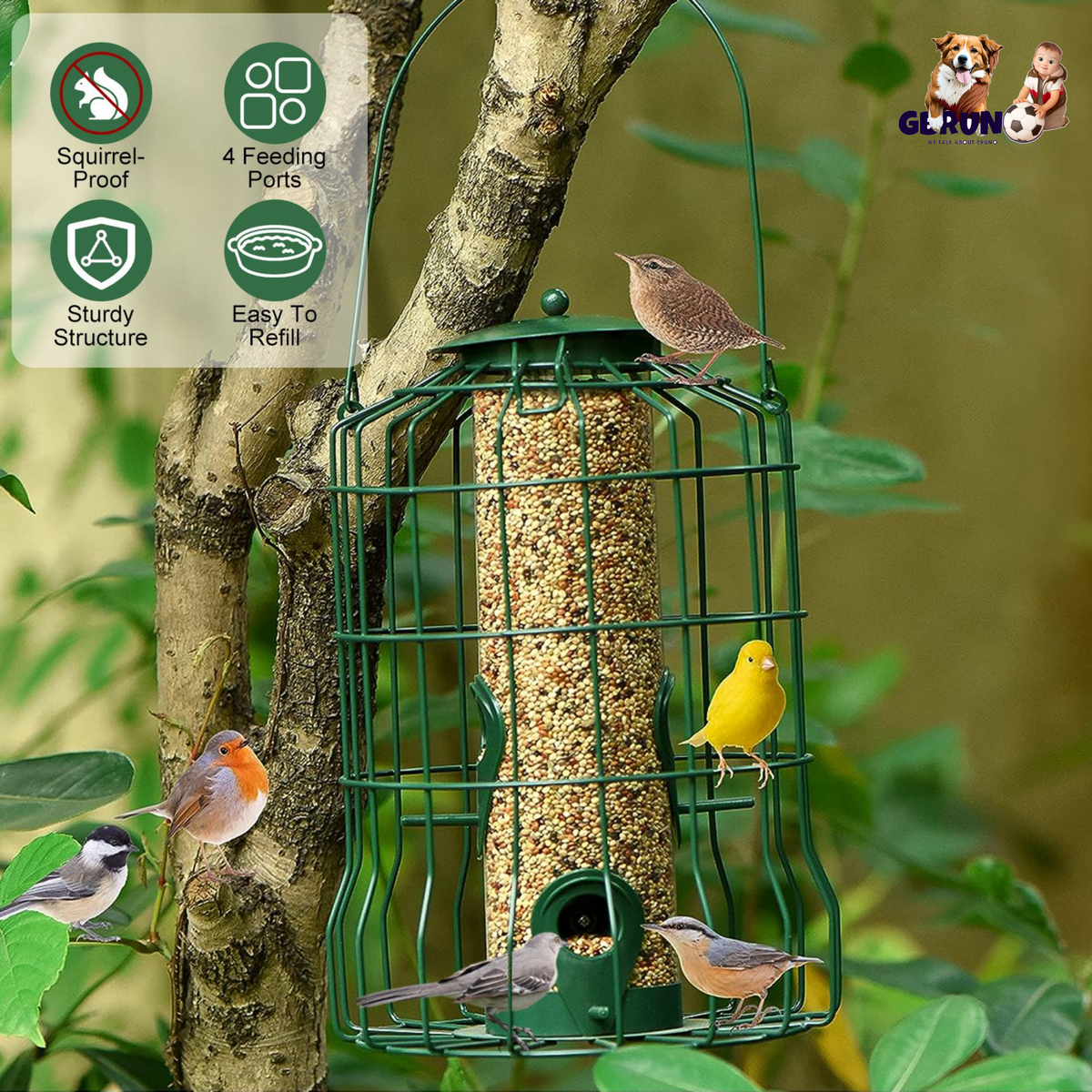 Outdoor Wild Bird Feeder Squirrel-Proof Chew-Proof Metal Hanging Seed Feeder with 4 Feeding Ports for Small Songbirds