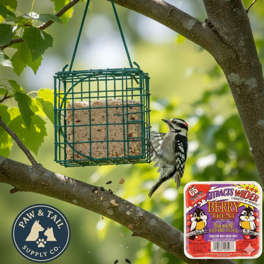 C&S Berry Suet Treat Bird Cake 11.75 oz & Large Suet Basket Feeder Combo