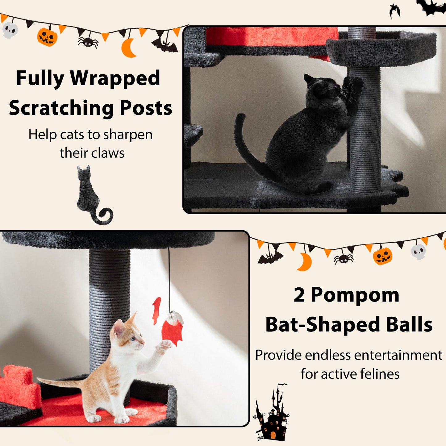 Gothic Cat Tree 49 Inch Tall Cat Tower 6-Tier Cat Activity Center with Coffin Bed-Black