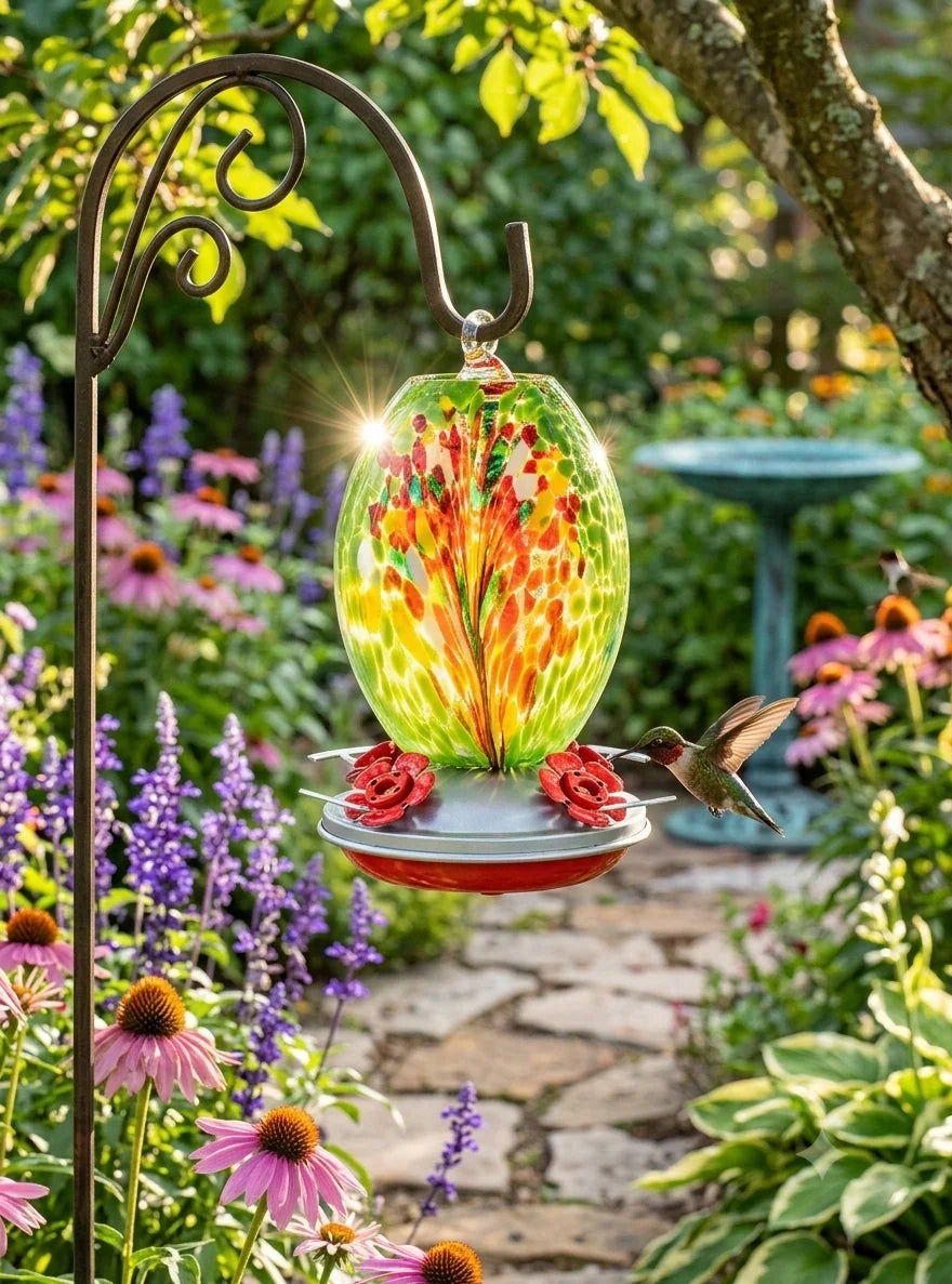 Meadow Confetti Olive Hand Blown Glass Hummingbird Feeder OL04G