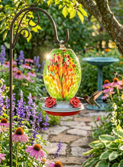 Meadow Confetti Olive Hand Blown Glass Hummingbird Feeder OL04G