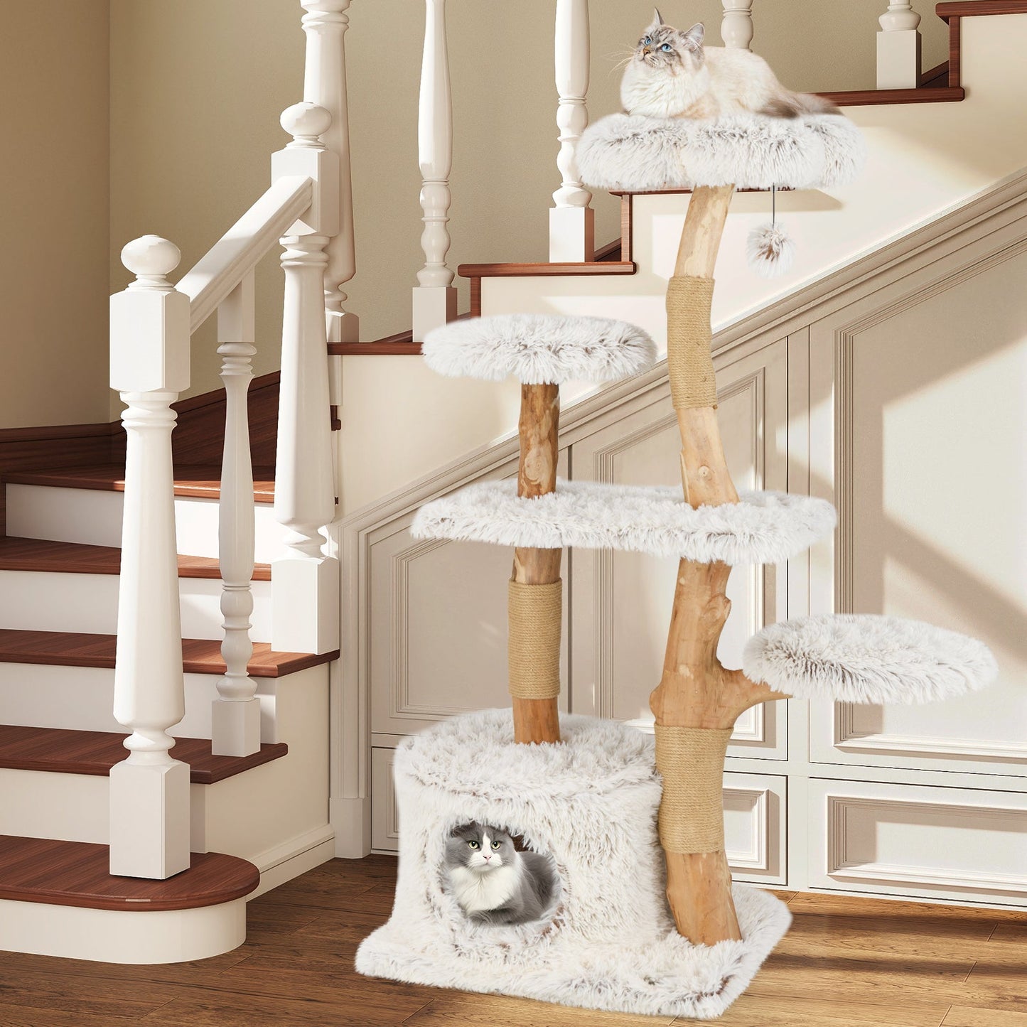 Modern Cat Tree 53 Inch Tall Natural Branch Wooden Cat Tower with Jute Scratching Posts-White