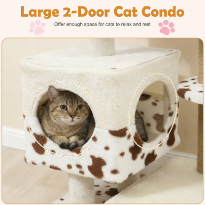 Modern Cat Tree Indoor Cat Tower with Wide Upholstered Perch and 2-Entrance Cat Condo-White