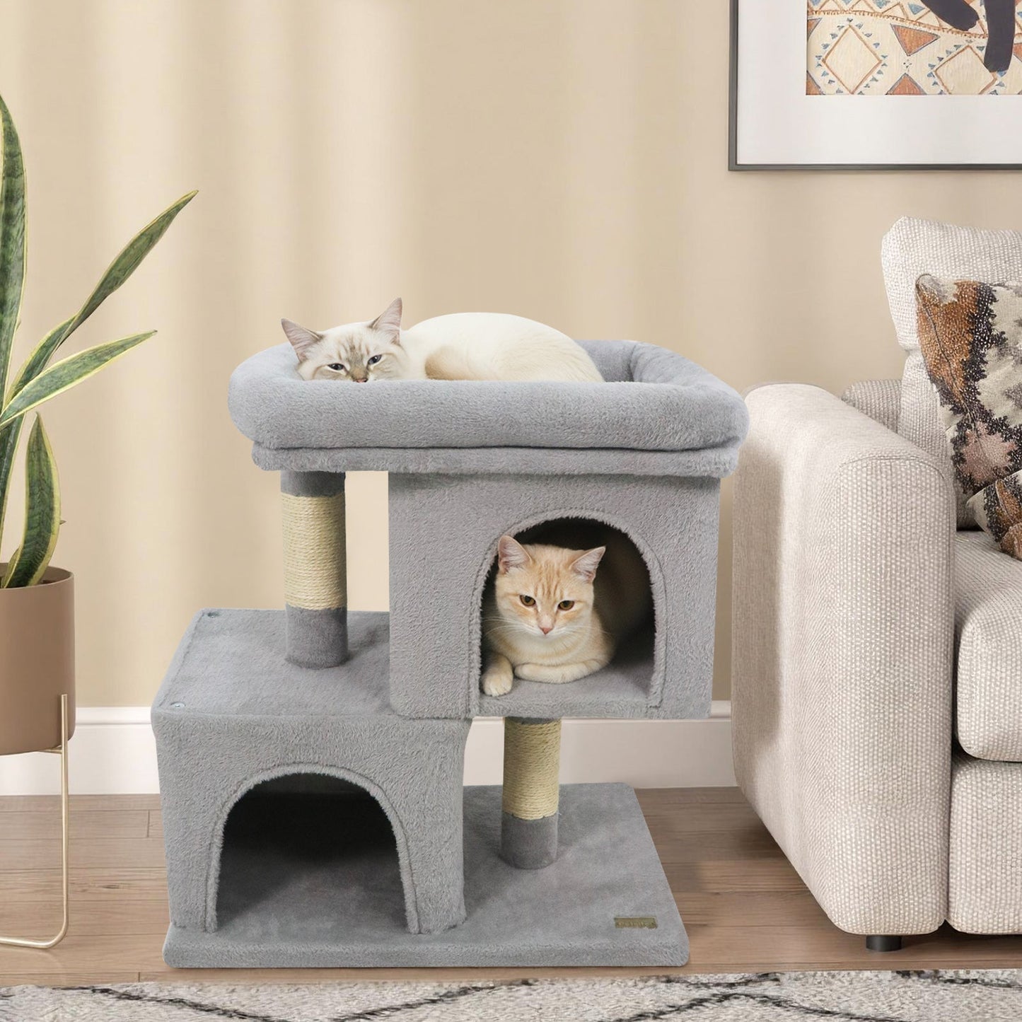 Modern Cat Tree Space-saving Cat Tower with Upholstered Perch and 2 Cat Condos