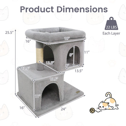 Modern Cat Tree Space-saving Cat Tower with Upholstered Perch and 2 Cat Condos