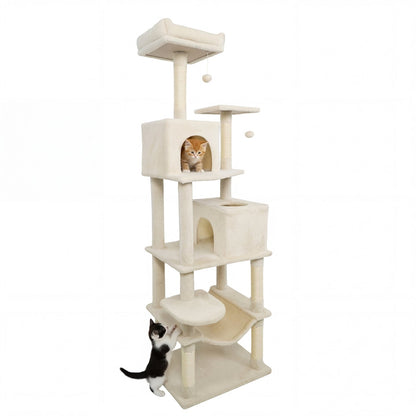Multi-level Cat Tree Modern Cat Tower with Upholstered Perch and 2 Cat Condo