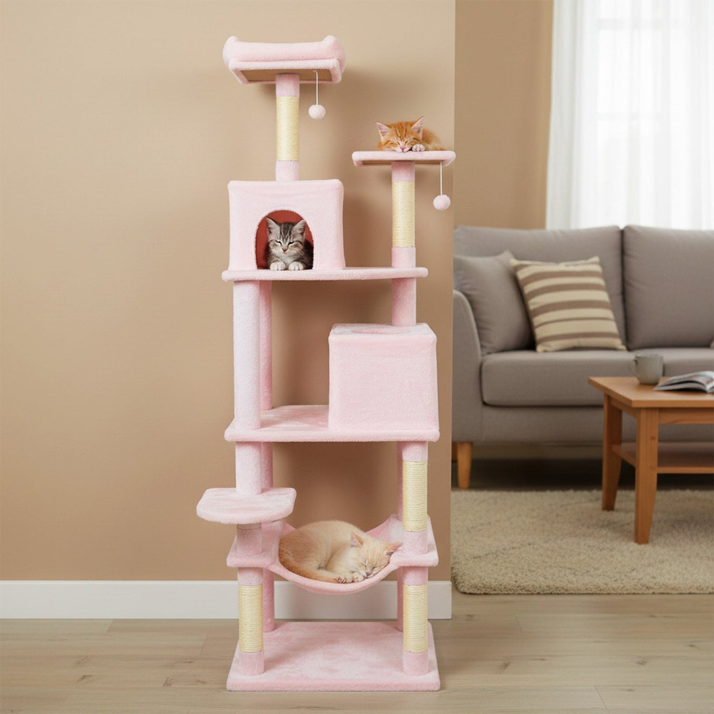 Multi-level Cat Tree Modern Cat Tower with Upholstered Perch and 2 Cat Condo