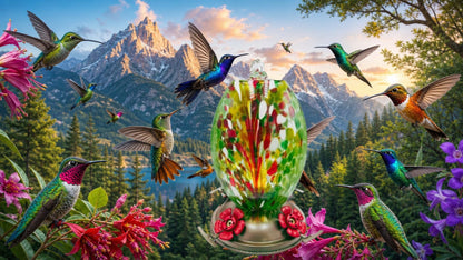 Meadow Confetti Olive Hand Blown Glass Hummingbird Feeder OL04G