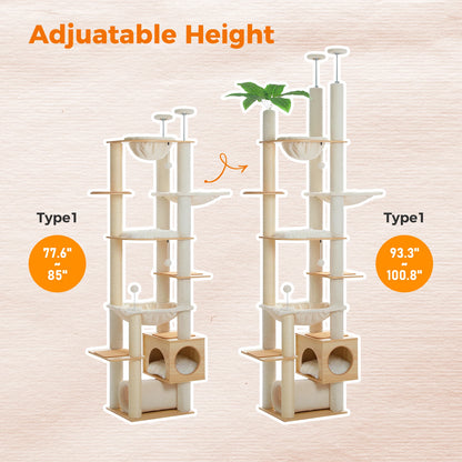 Floor to Ceiling Wooden Cat Tree w/Hammock, Sisal Scratching Posts w/condo