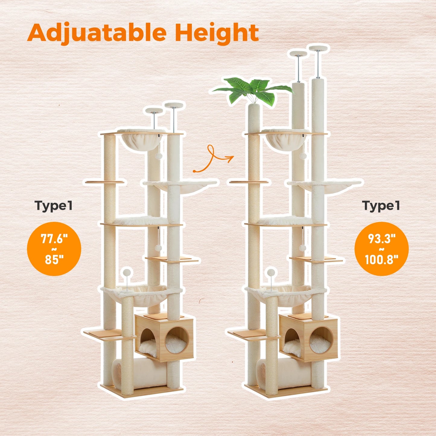 Cat Tree tower Height Adjustable Wooden with Hammock