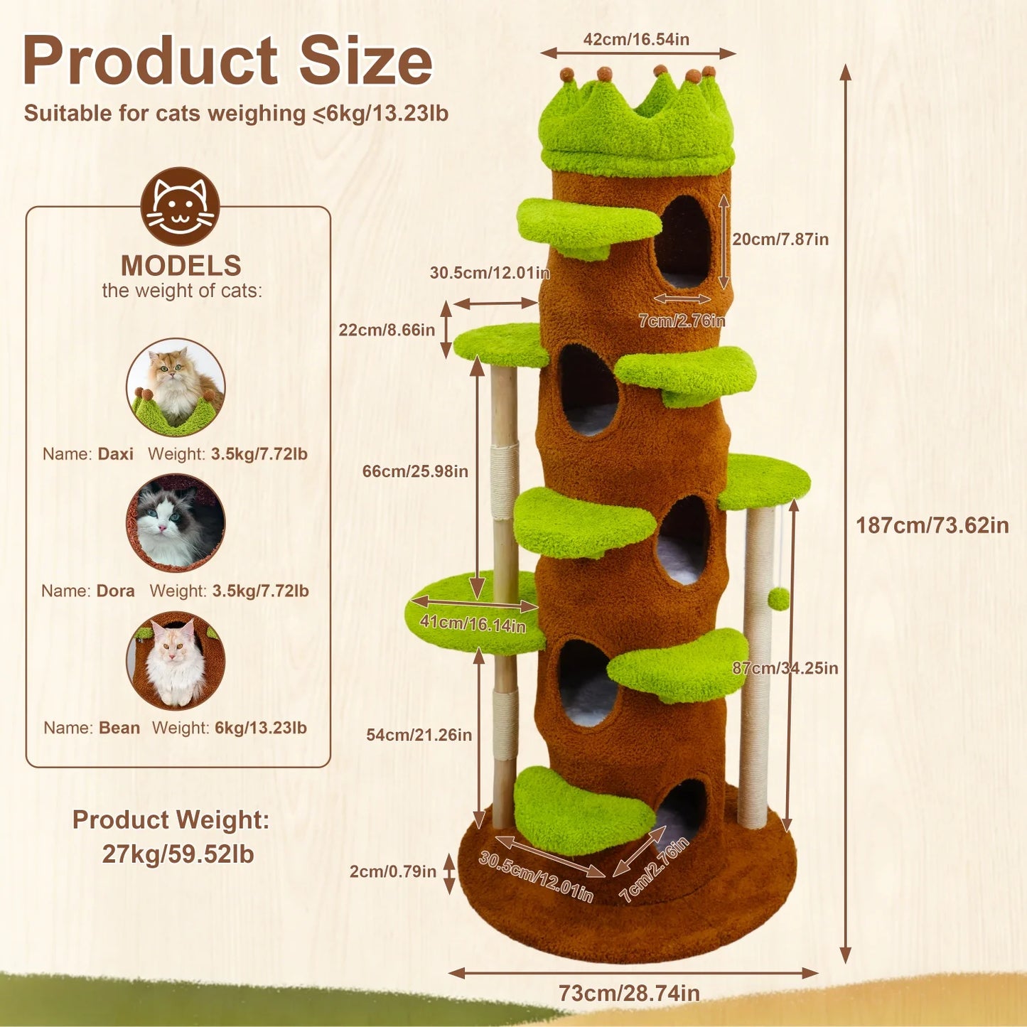 187CM Tall Cat Tree Tower, Green Perch Condo