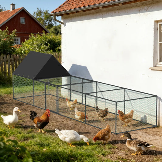 319cm Length Metal Chicken Coop, W/ Run, Netting, Cover