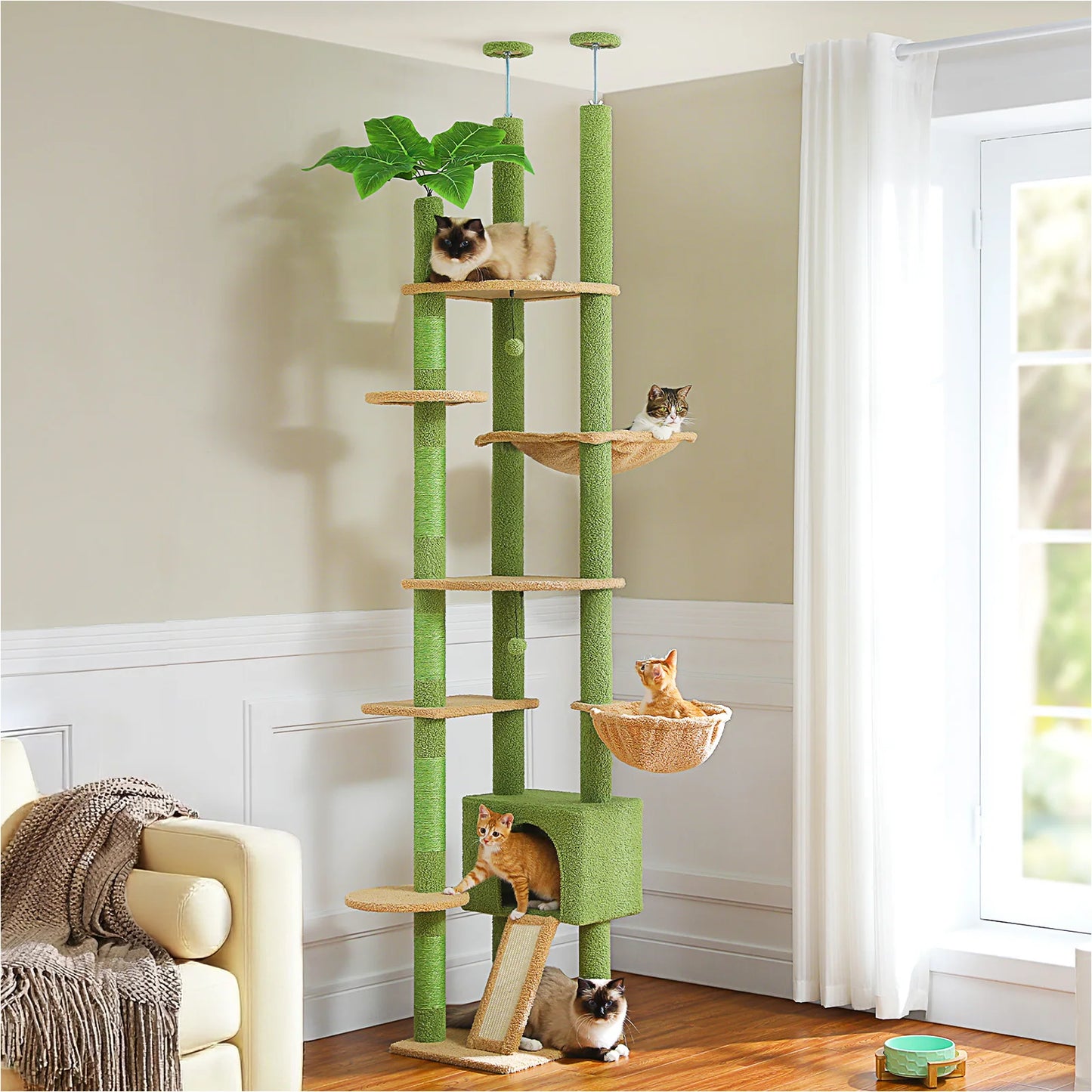 Cat Tree tower Height Adjustable Wooden with Hammock