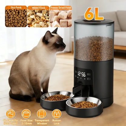 6L Automatic Cat/Dog Feeder with 2 Stainless Bowls