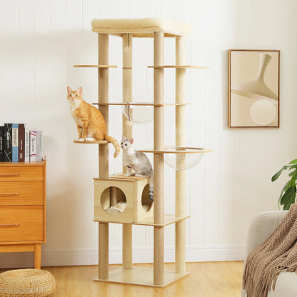 Cat Tree Wood Tower, Scratching Posts, Condo, Hammock, Perch