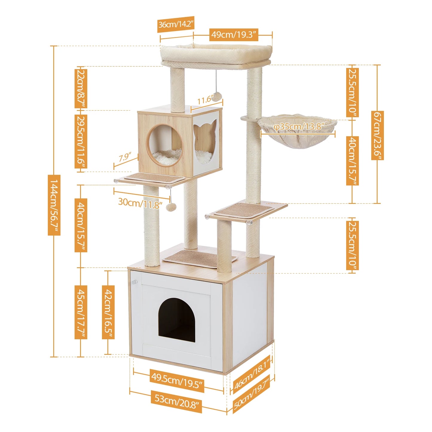 Cat Tree Wood Tower, Scratching Posts, Condo, Hammock, Perch