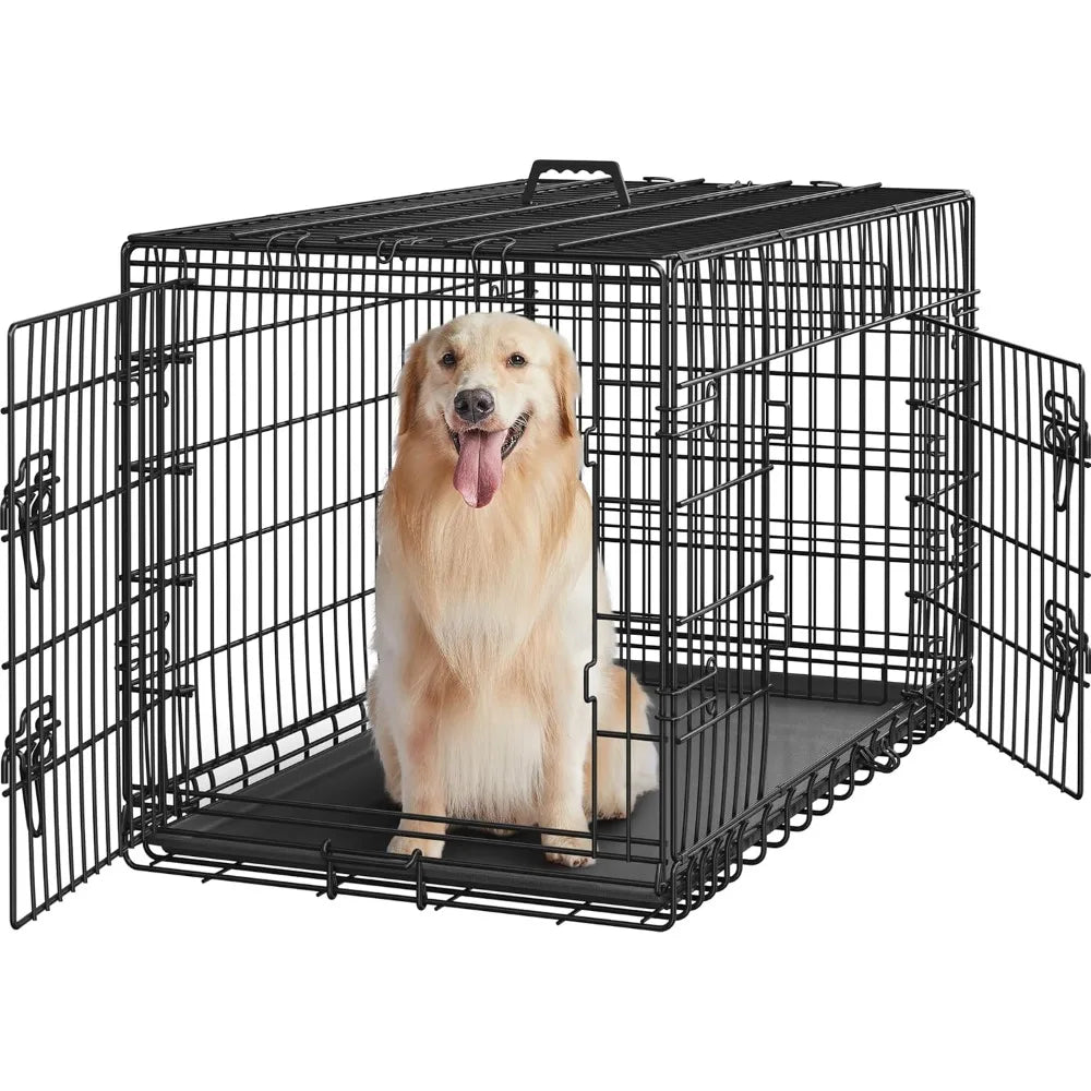 42in Double Door Dog Crate with Divider, Collapsible Metal, Travel, Black