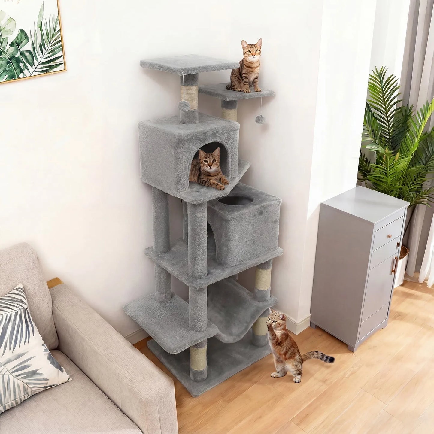 57" Cat Tree for Indoor Cats w/ Dual Condos Hammock