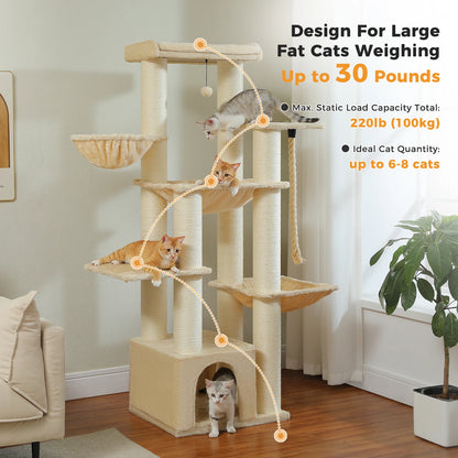 Large Cat Tree Tower for Big Cats w/Hammock, Perch