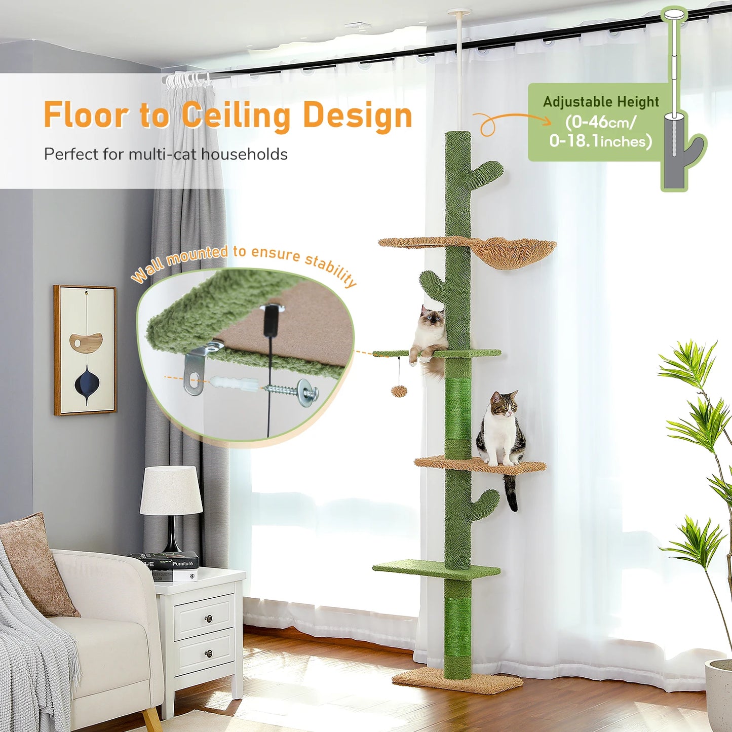 Cat Tree Floor to Ceiling Tower with Scratching Post,