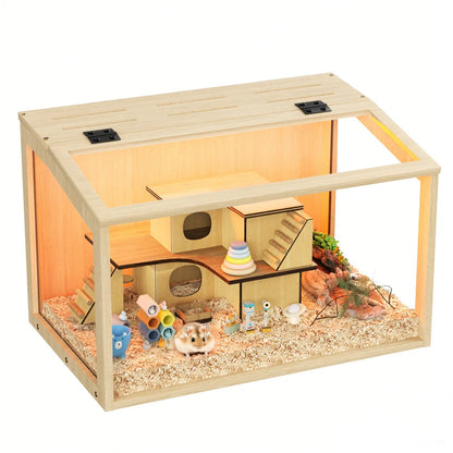 Large Natural Wooden Hamster Cage with Glass Panels, LED Light, Chew-Proof Indoor Habitat for Small Pets