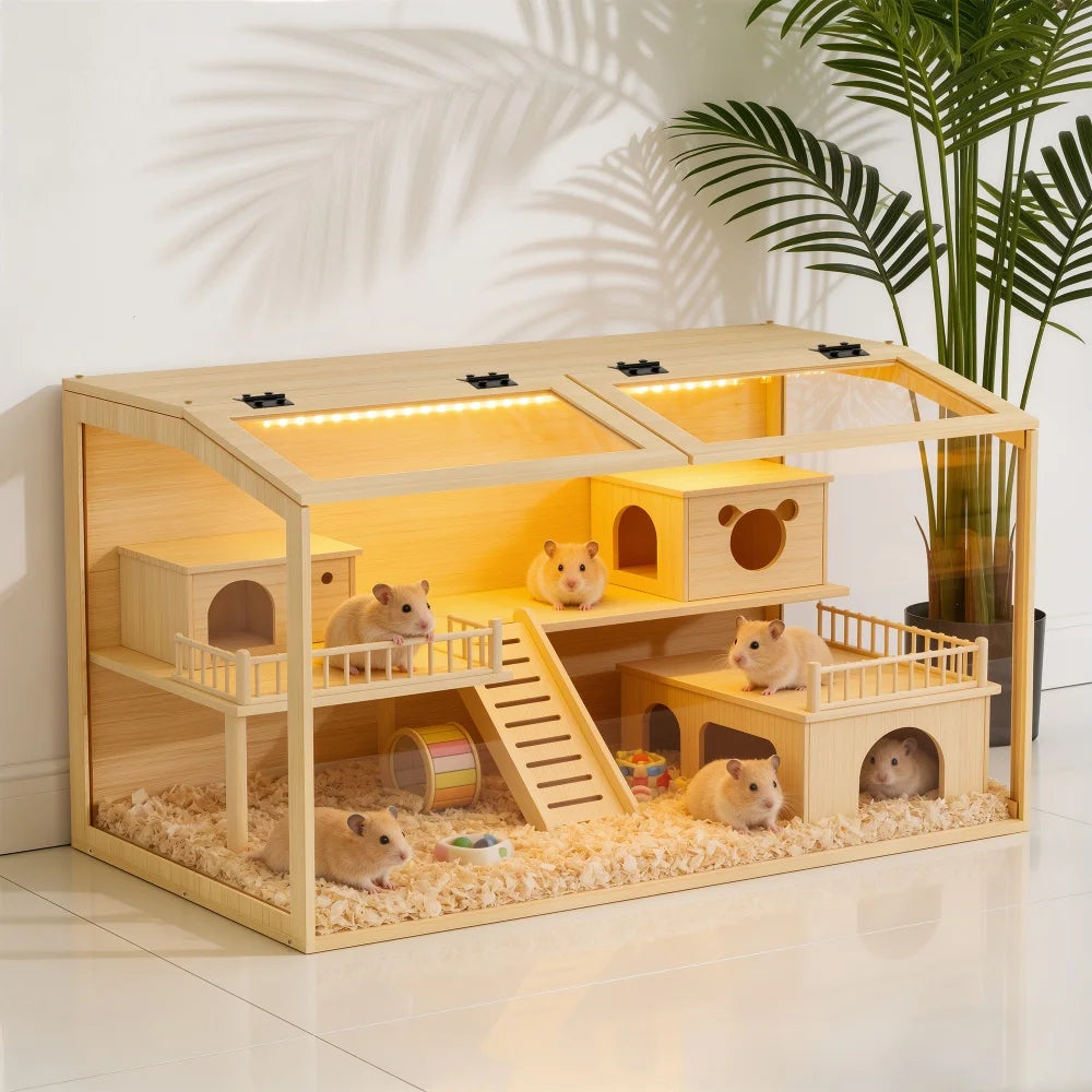 Large Wooden Hamster Cage Clear Tempered Glass
