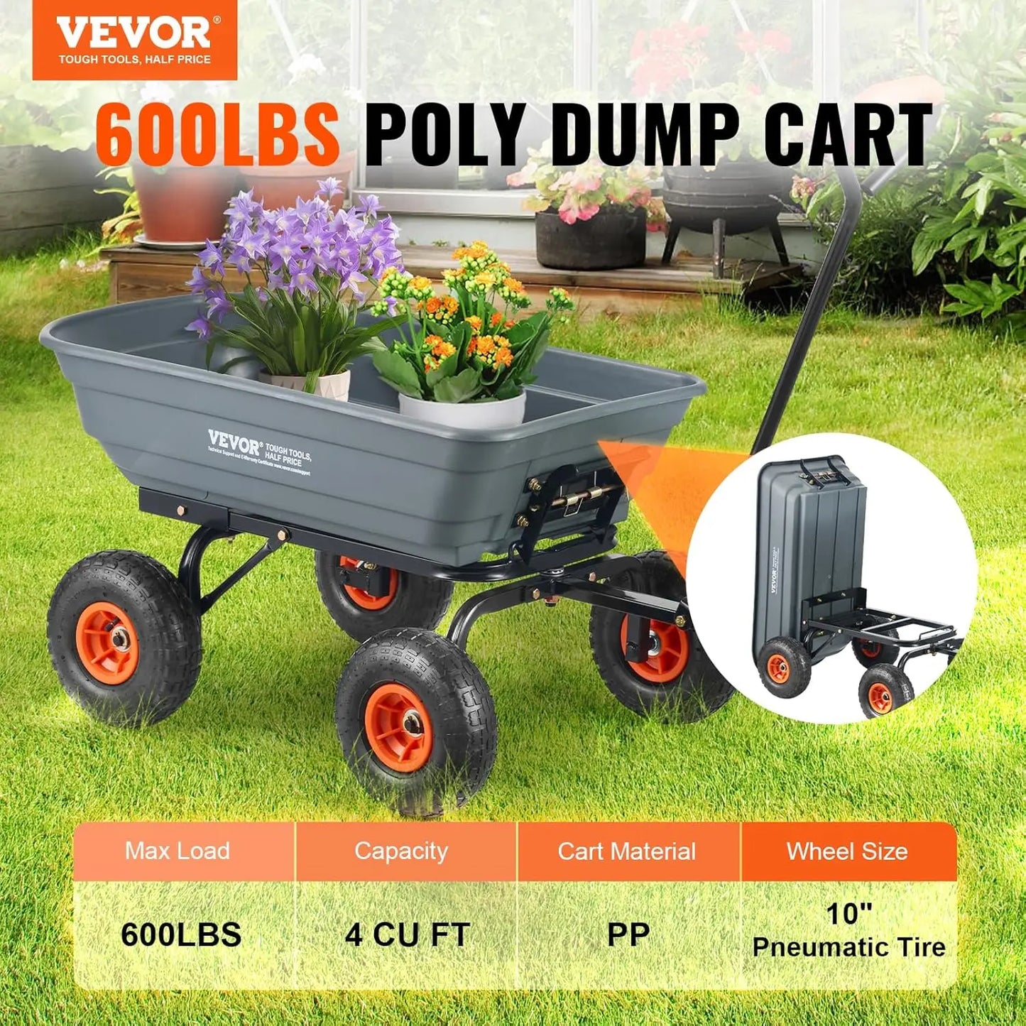 4 Cu.Ft. 600lbs Poly Garden Dump Cart,