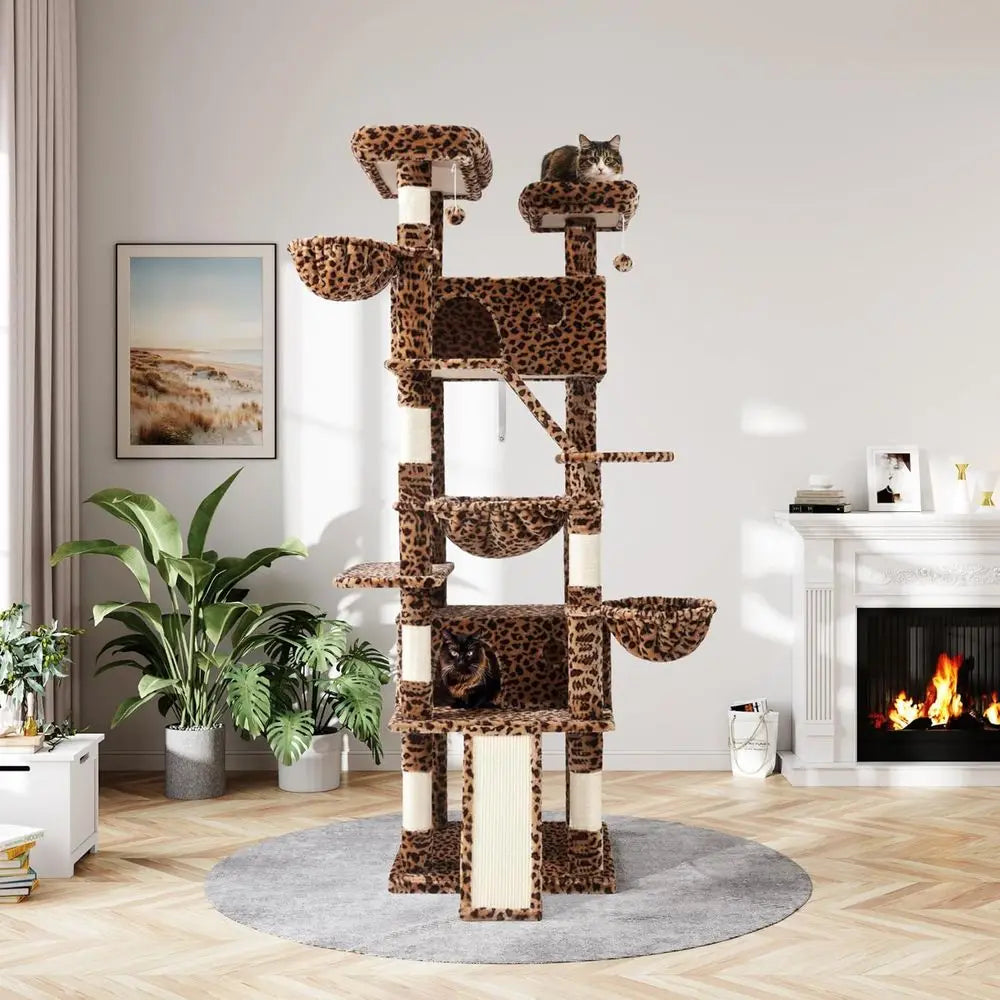 81-Inch Multi-Level Cat Tree Tower with Indoor Climbing, Scratching Posts, Perches, and Hammock in Leopard Print